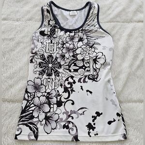 So Sporty Floral White/Gray/Black Women's Tank Top. Size Medium